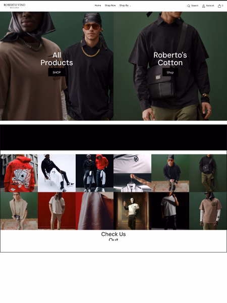 Roberto Vino Milano homepage with 'All Products' and 'Roberto's Cotton' hero banners featuring male models in streetwear, plus a lifestyle photo grid