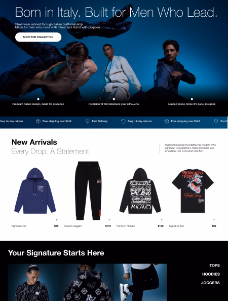 Roberto Vino homepage hero banner 'Born in Italy. Built for Men Who Lead' with male models in streetwear, plus New Arrivals section featuring hoodies, joggers, and t-shirts