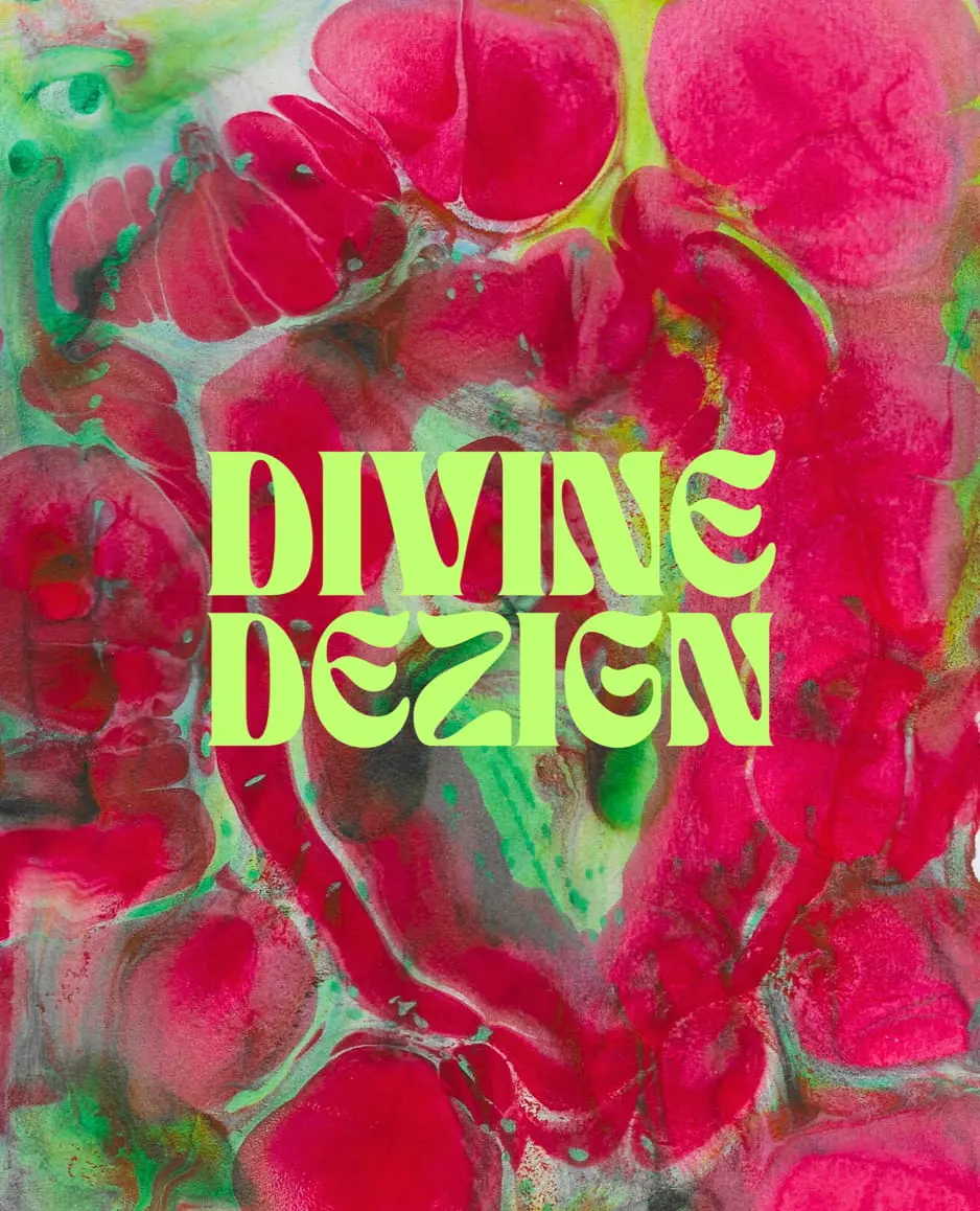 Divine Dezign logo concept, with neon green text overlay green and pink marble paint display.