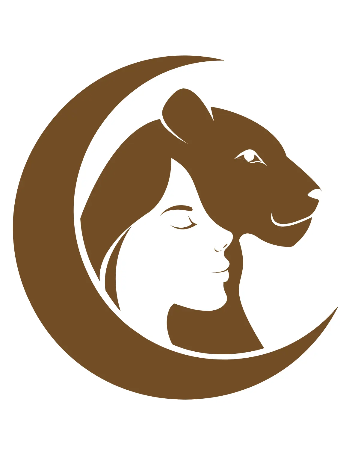 Brown logo featuring the profile of a serene woman and a lioness intertwined within a crescent moon, symbolizing strength, balance, and feminine empowerment.