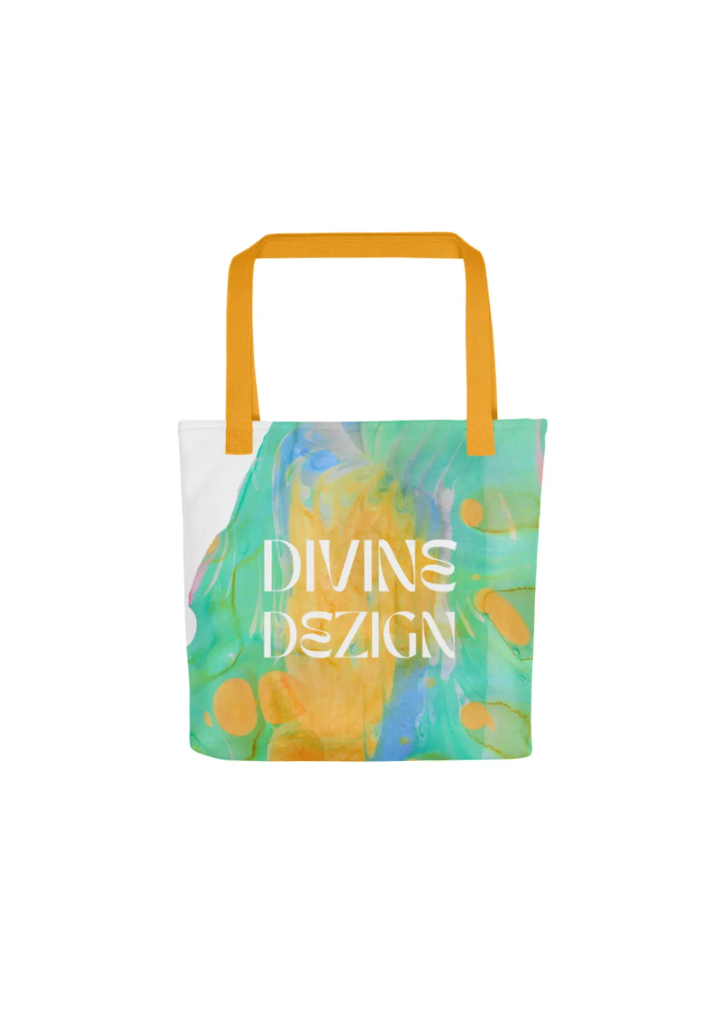 Divine Dezign tote bag with blue and yellow marble print and a orange strap.