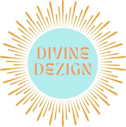 DIvine Dezign logo, resembling a sun, with a turquoise center and orange rays around varying in a symmetric flare. 