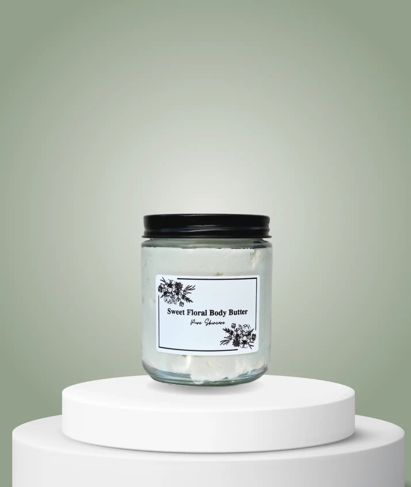 Glass jar of Sweet Floral Body Butter with a black lid and minimalist floral label, displayed on a soft green background. The clean composition emphasizes natural skincare, self-care, and elegant simplicity.