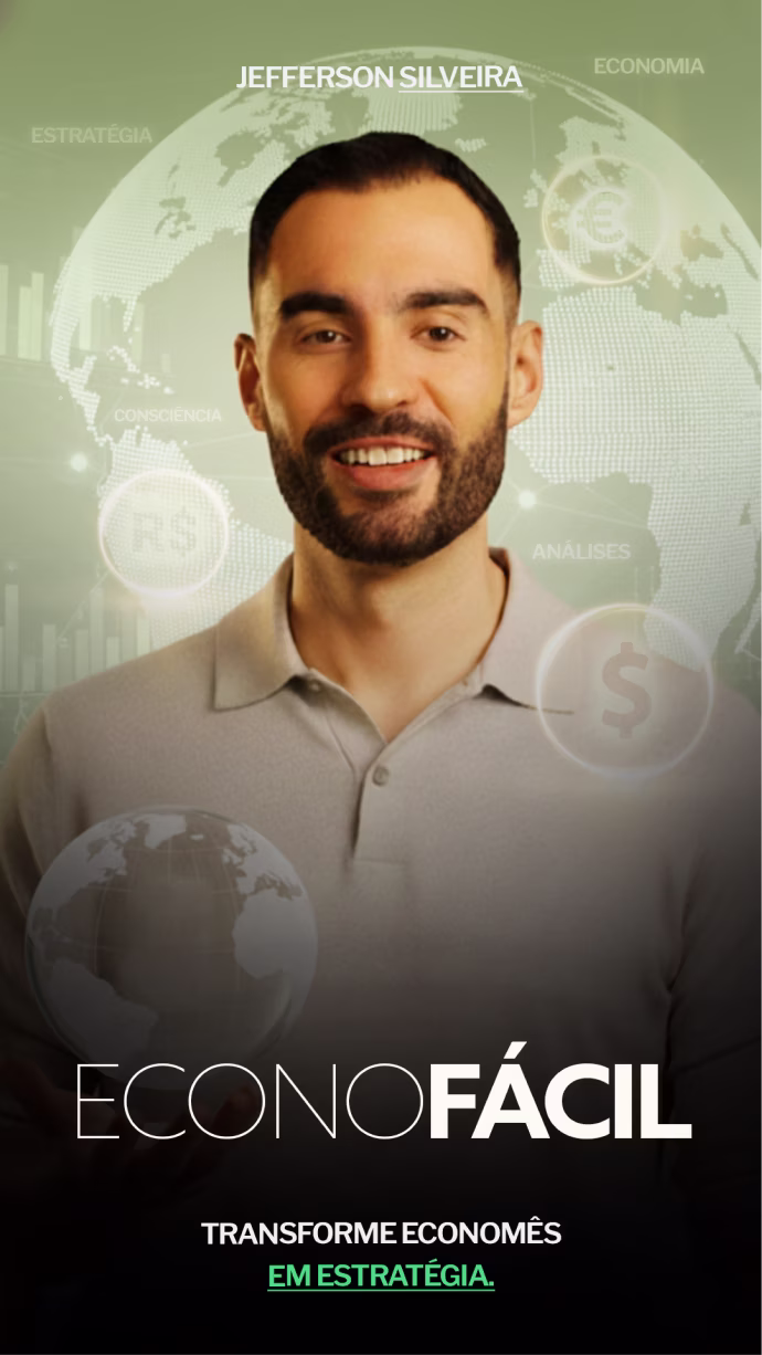 Smiling man in beige shirt with globe and economic icons, text Economofácil and investment strategy message.
