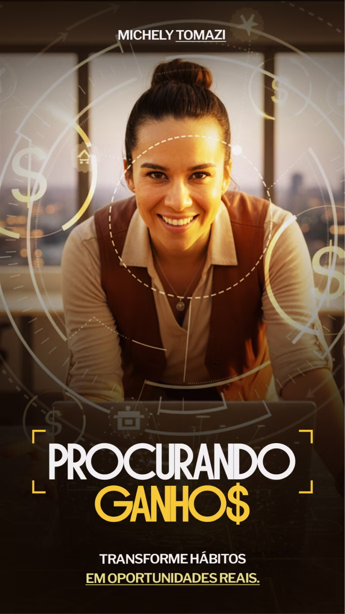 Smiling woman with hair bun leaning forward, overlaid with dollar signs and circular graphics.