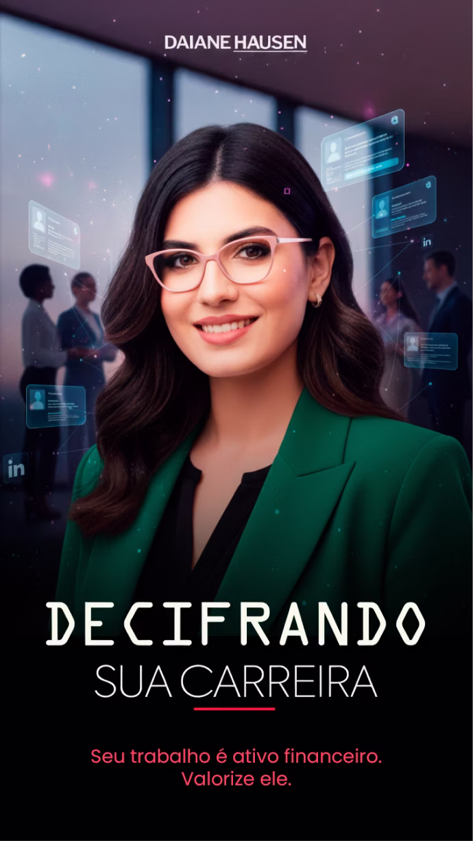 Smiling woman with glasses in green blazer with virtual profiles and text about career and finance.