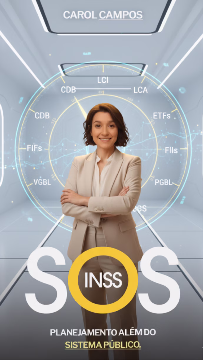 Businesswoman Carol Campos stands with arms crossed in front of futuristic financial symbols and text SOS INSS.