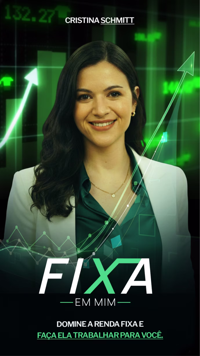 Smiling woman in white blazer with financial charts and green upward arrows in background.