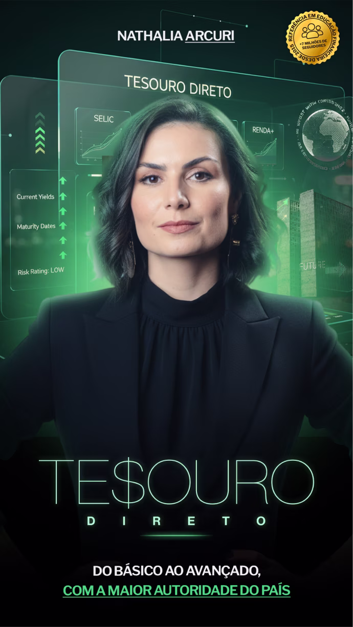 Nathalia Arcuri in black suit with Tesouro Direto financial charts and text about investment education.