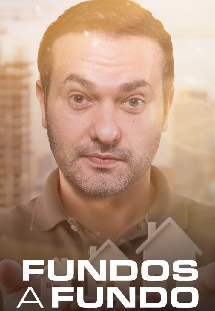 Man with serious expression holding paper house models with city skyline and text Fundos A Fundo.