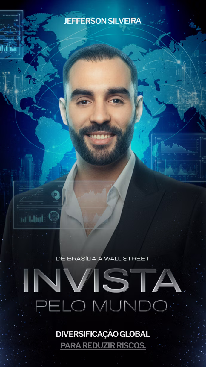 Smiling man in suit with world map and financial charts background, text about global investment.