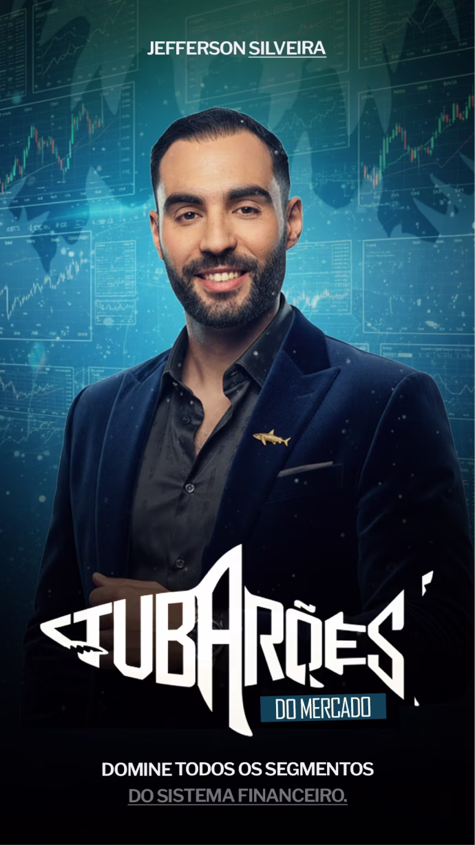 Portrait of a man in a blazer with shark pin, with financial charts in the blue background.