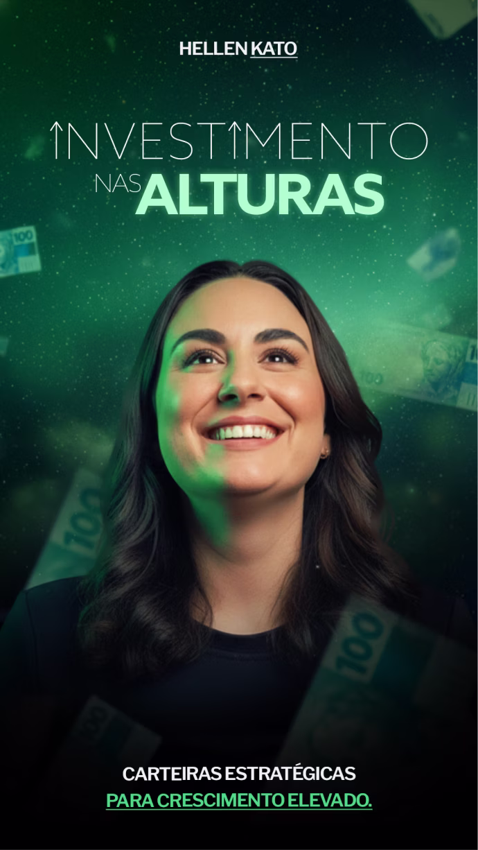 Smiling woman with dark hair under the text 'Investimento nas Alturas' and Brazilian real banknotes in background.