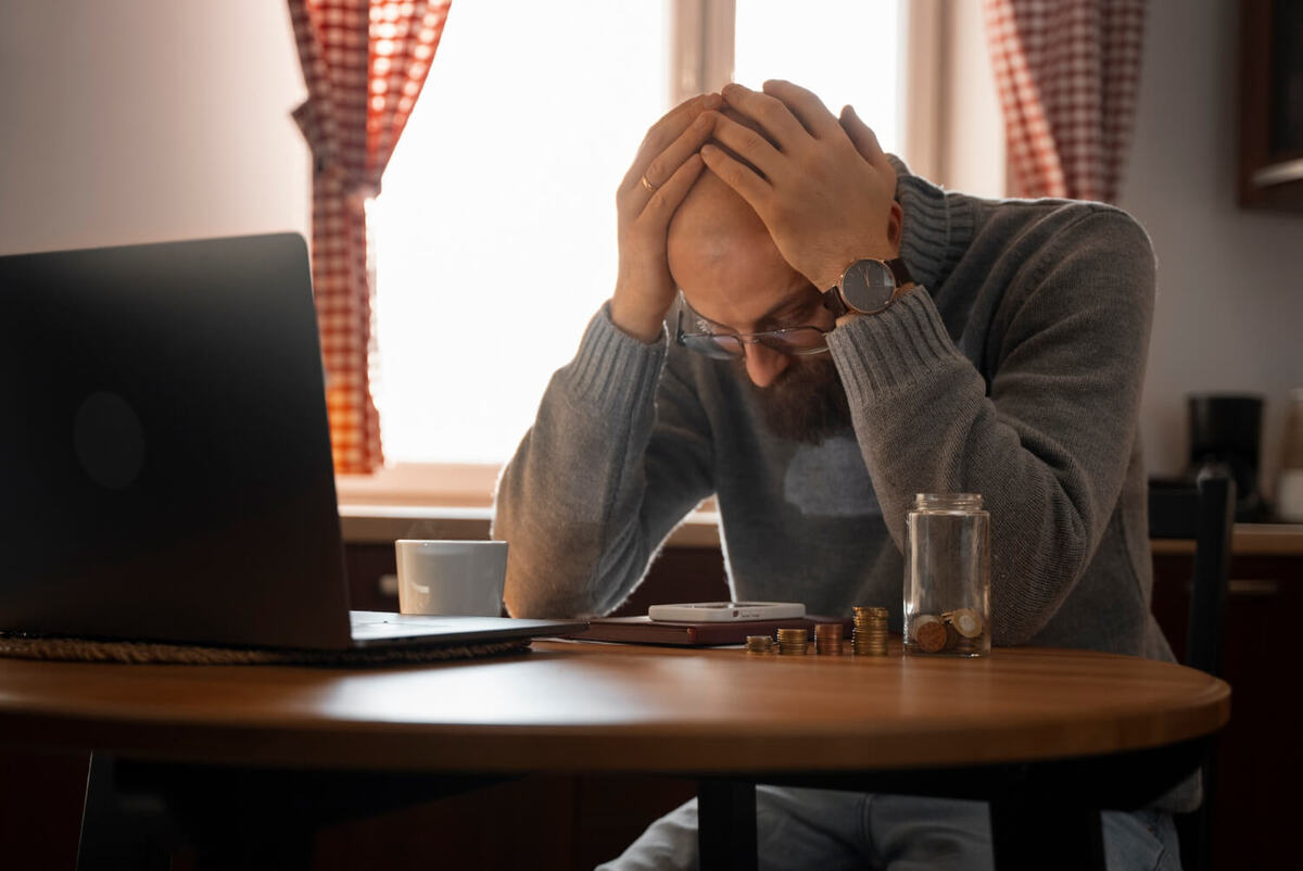 A man sitting in stress with coins and laptop on table