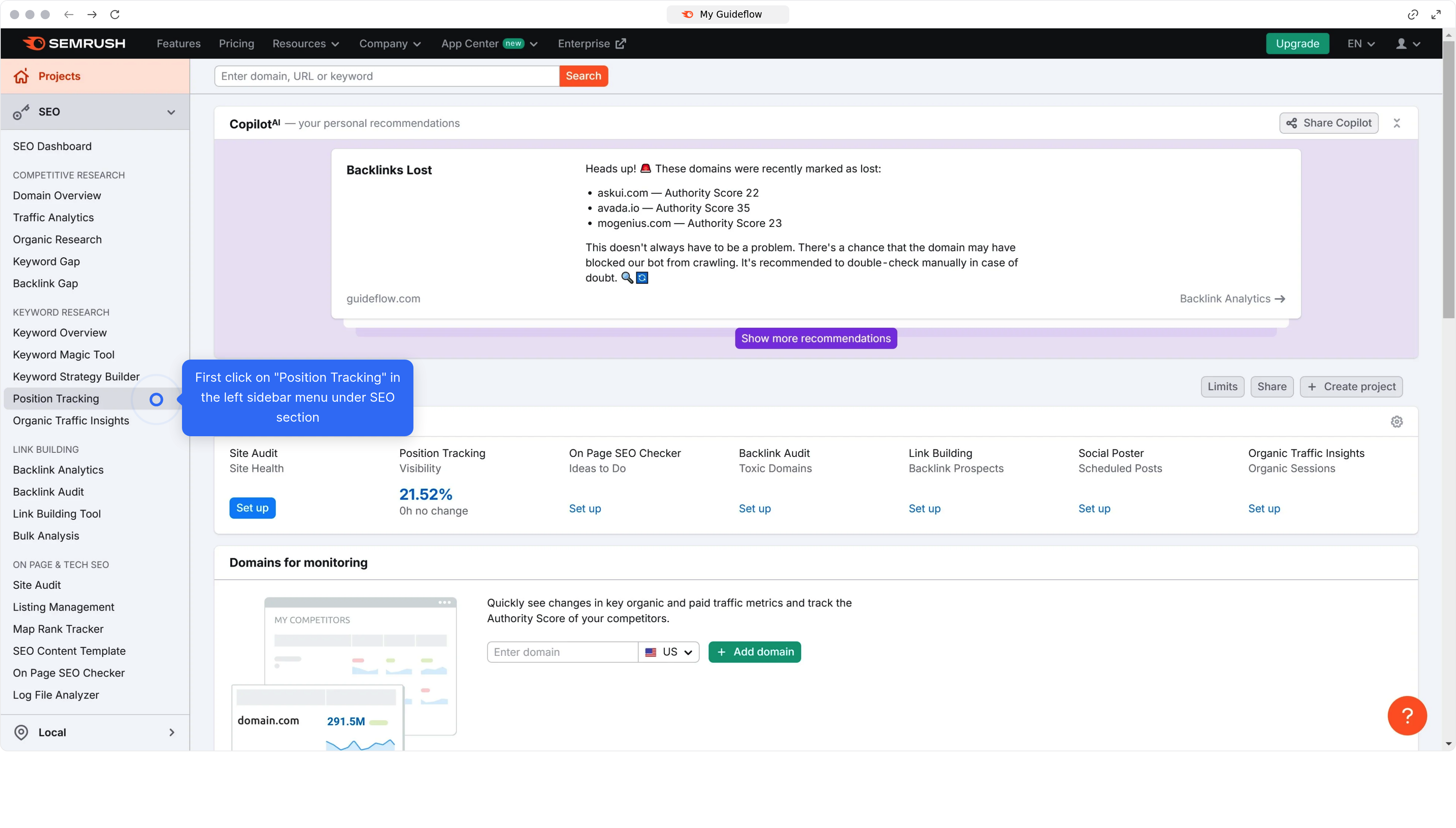 How to change location in SEMrush position tracking?