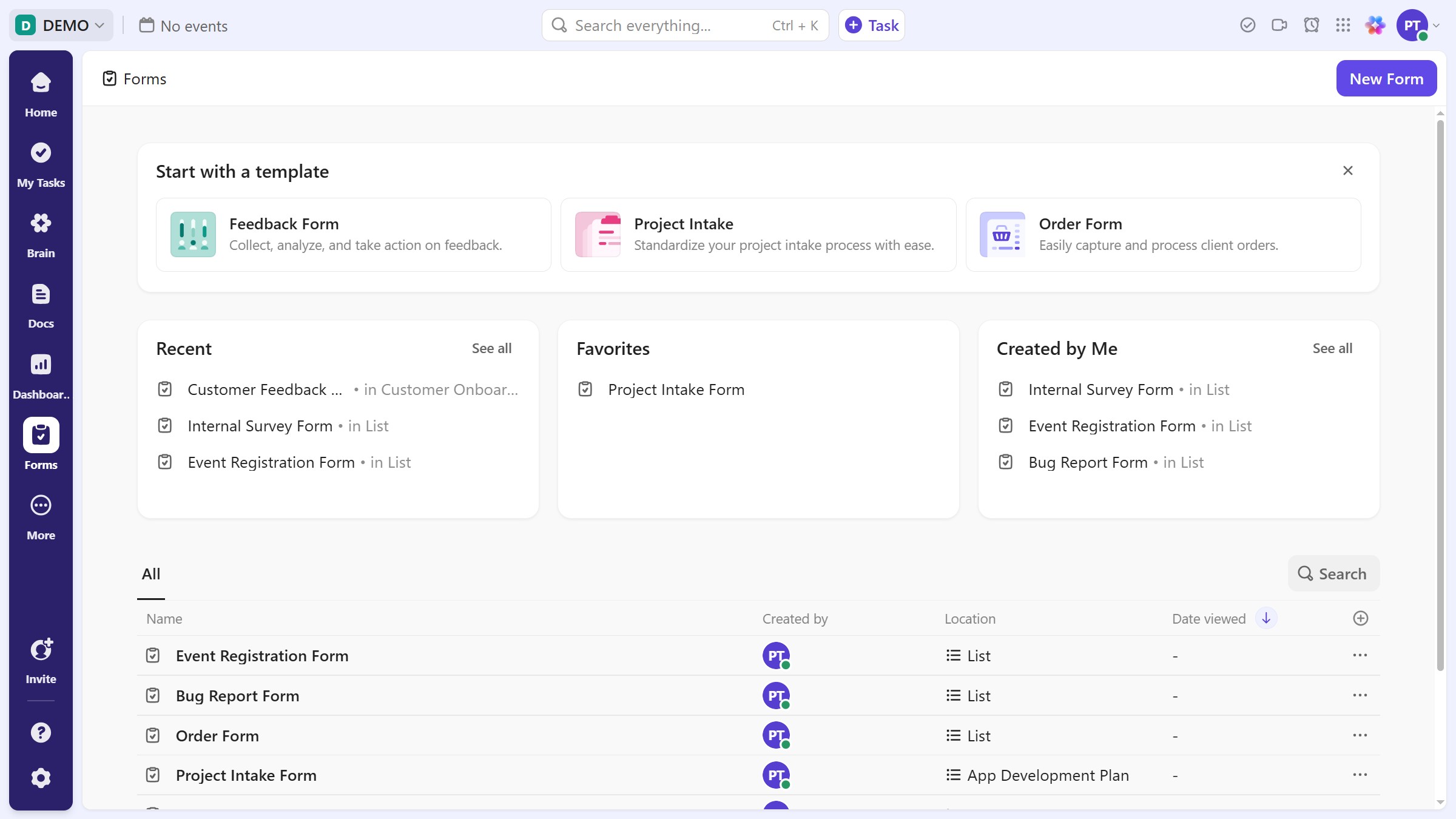 How to search for a form in the Forms Hub in ClickUp