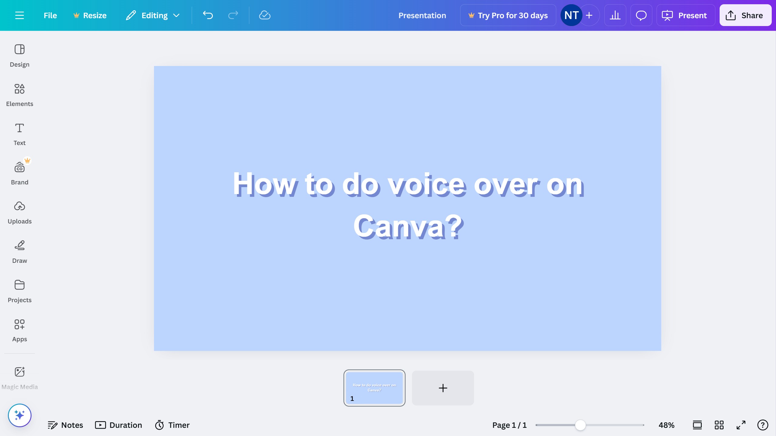 How to do voice over on Canva?