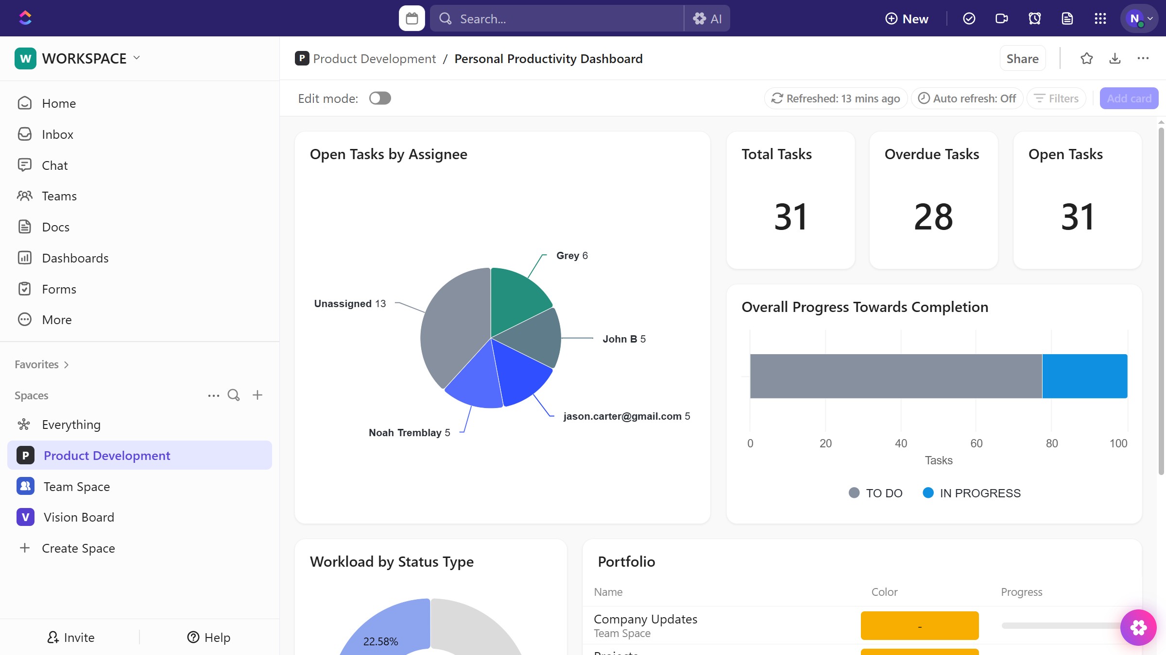How to refresh a card in a dashboard in ClickUp