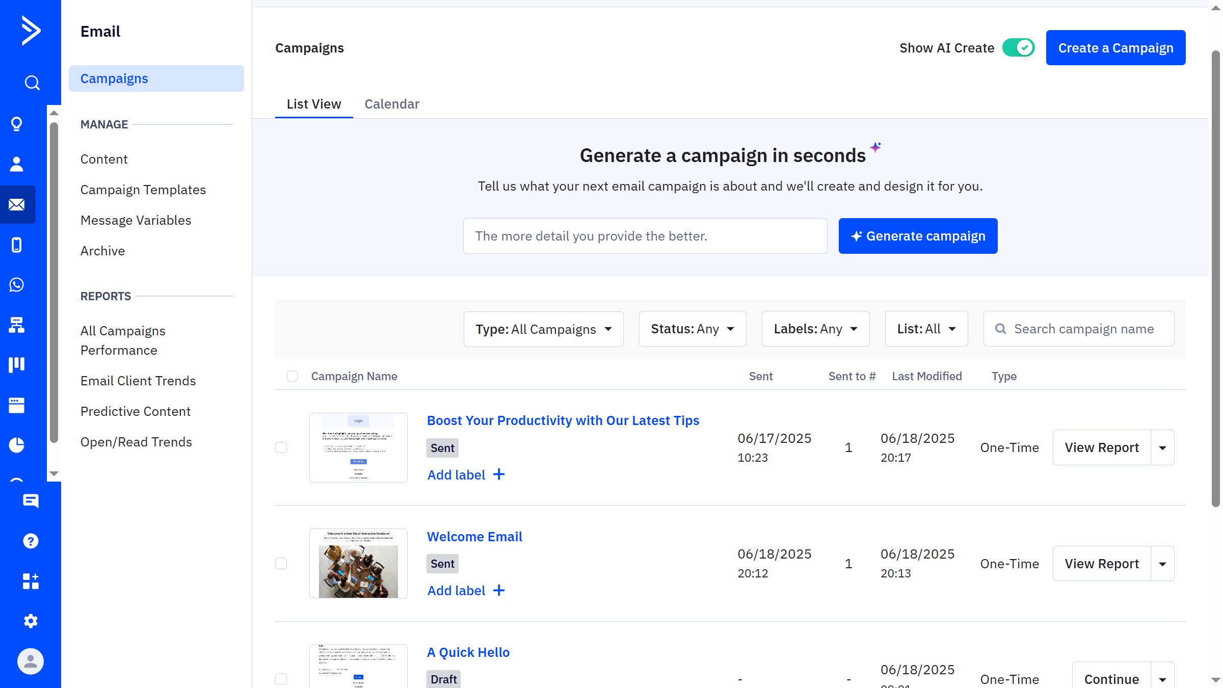 How to view a campaign’s report from the Campaigns tab in ActiveCampaign