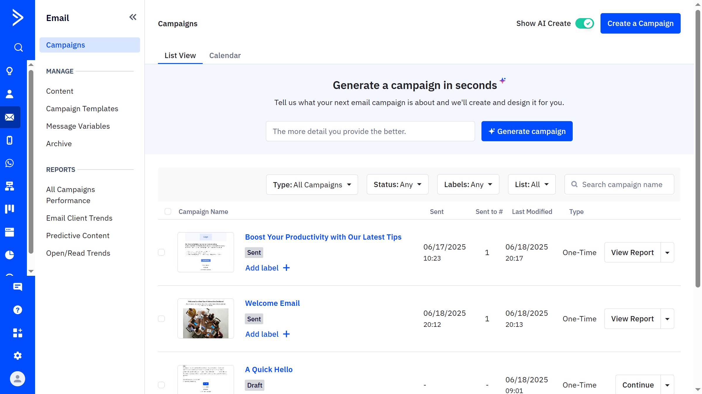 How to create a new label from the Campaigns overview page in ActiveCampaign