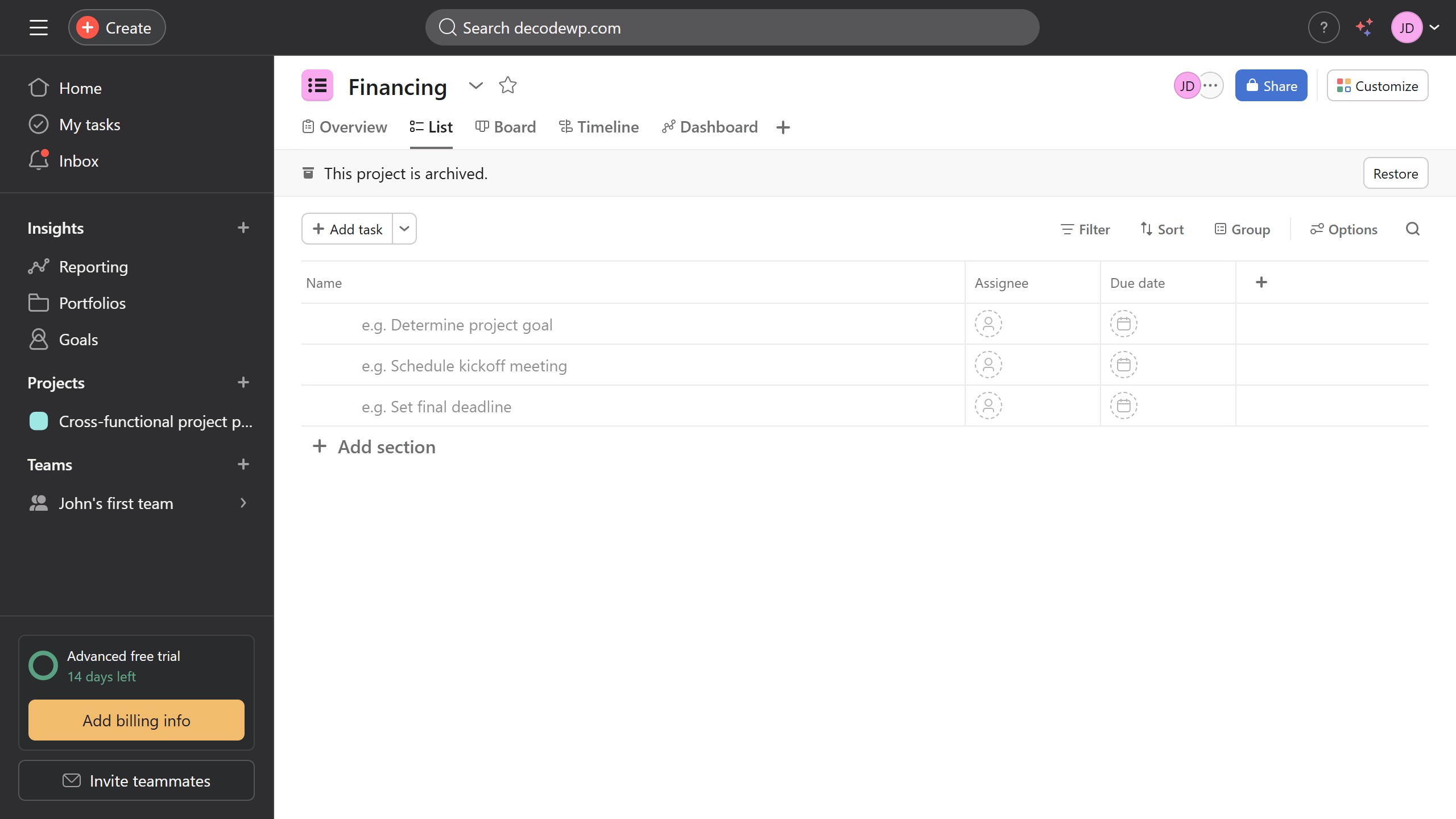 How to create a project in Asana