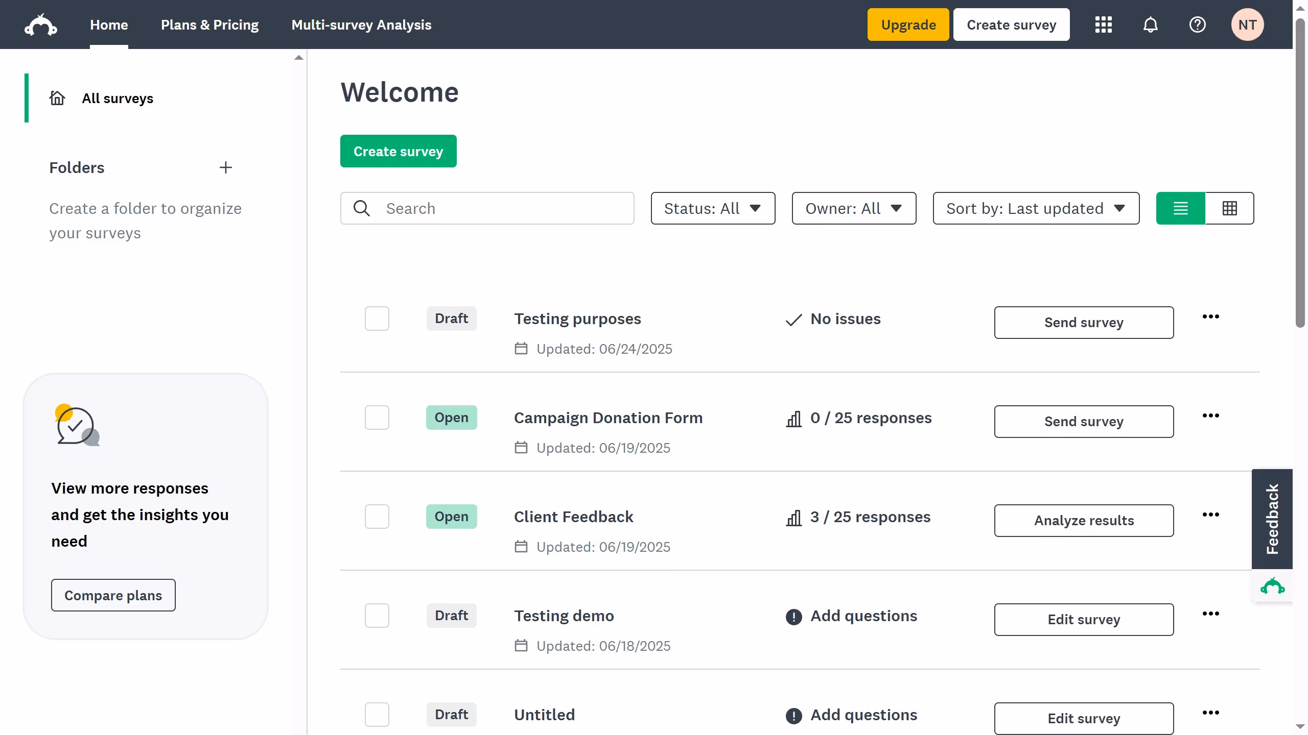 How to filter surveys by owner in SurveyMonkey