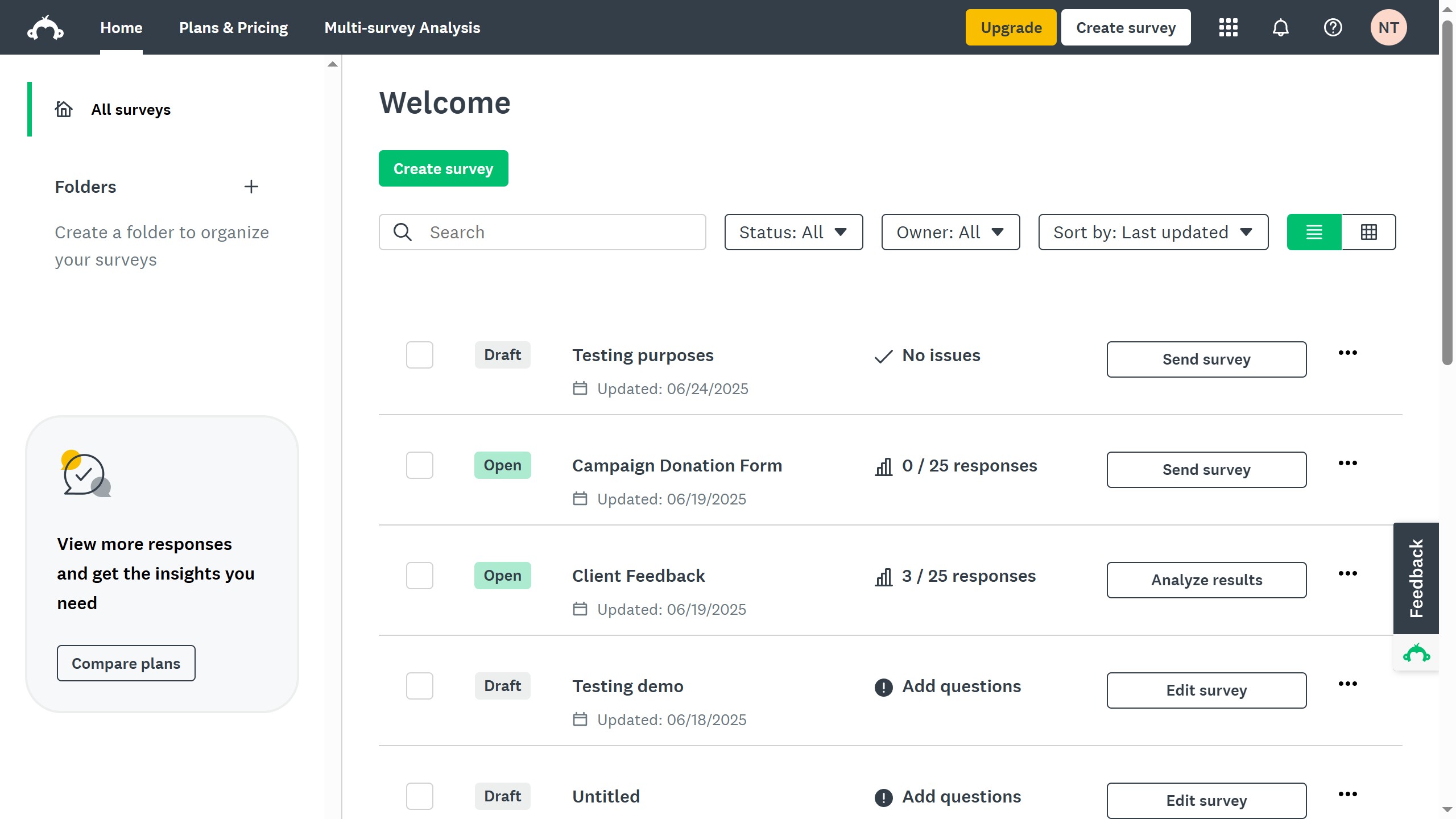 How to filter surveys by owner in SurveyMonkey
