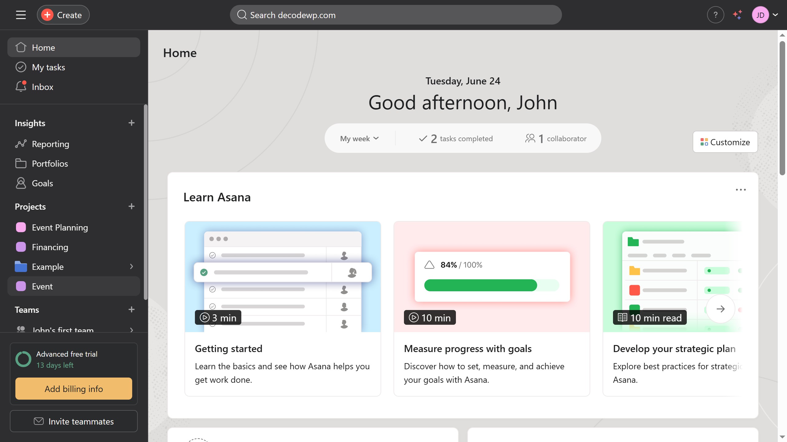 How to set deadlines for events in Asana