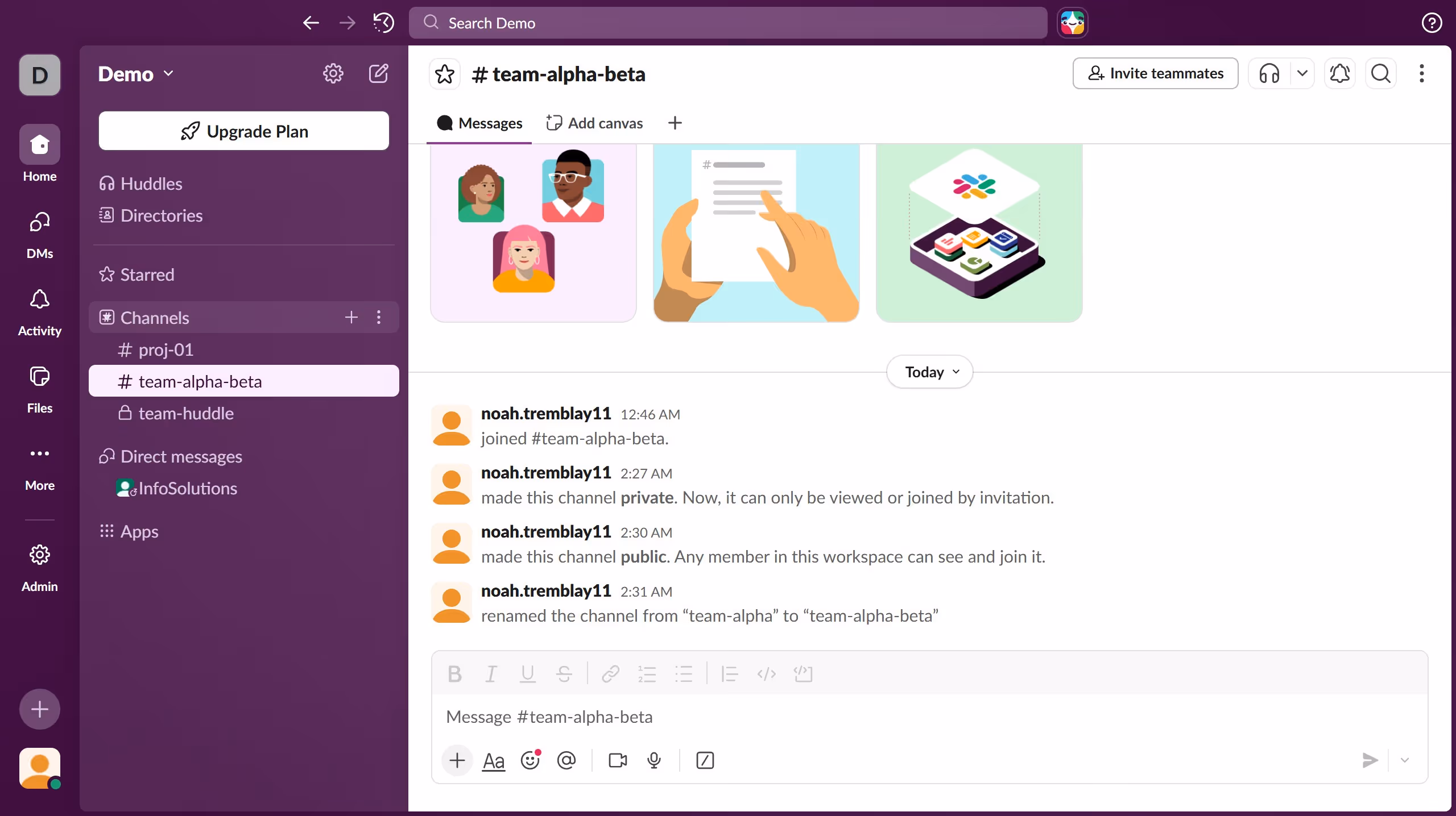 How to send a welcome message in a channel in Slack