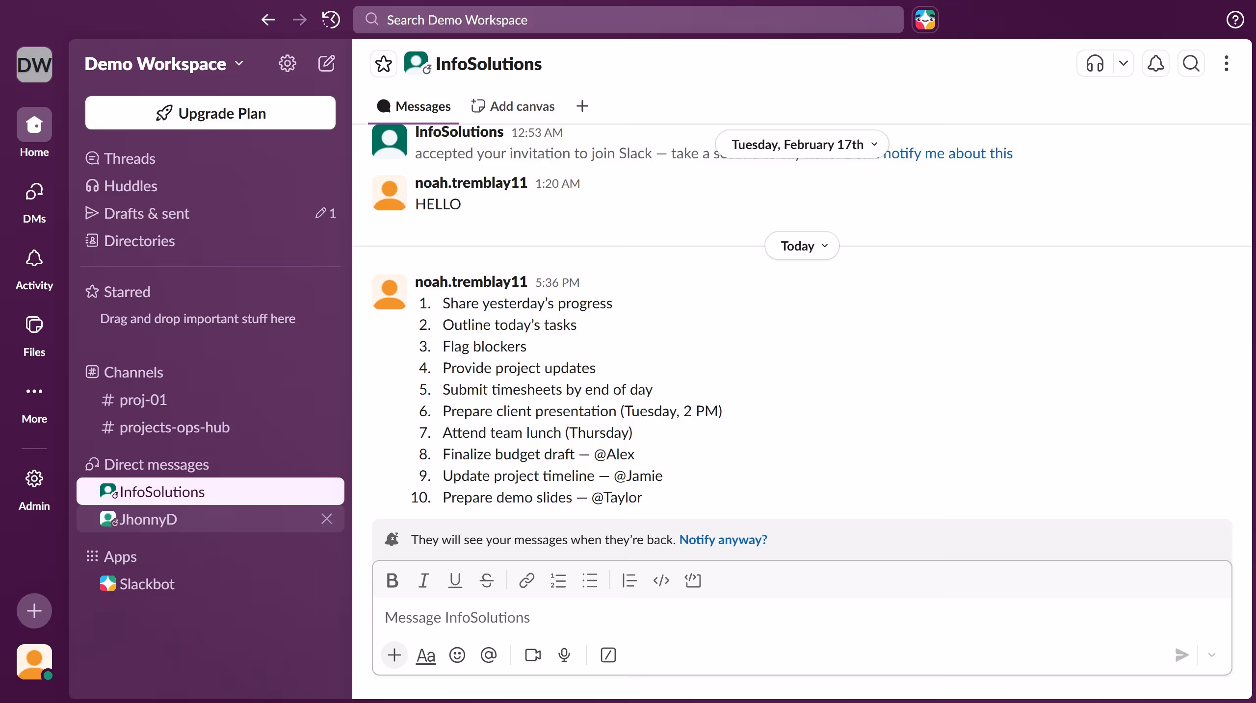 How to create a bullet list in Slack