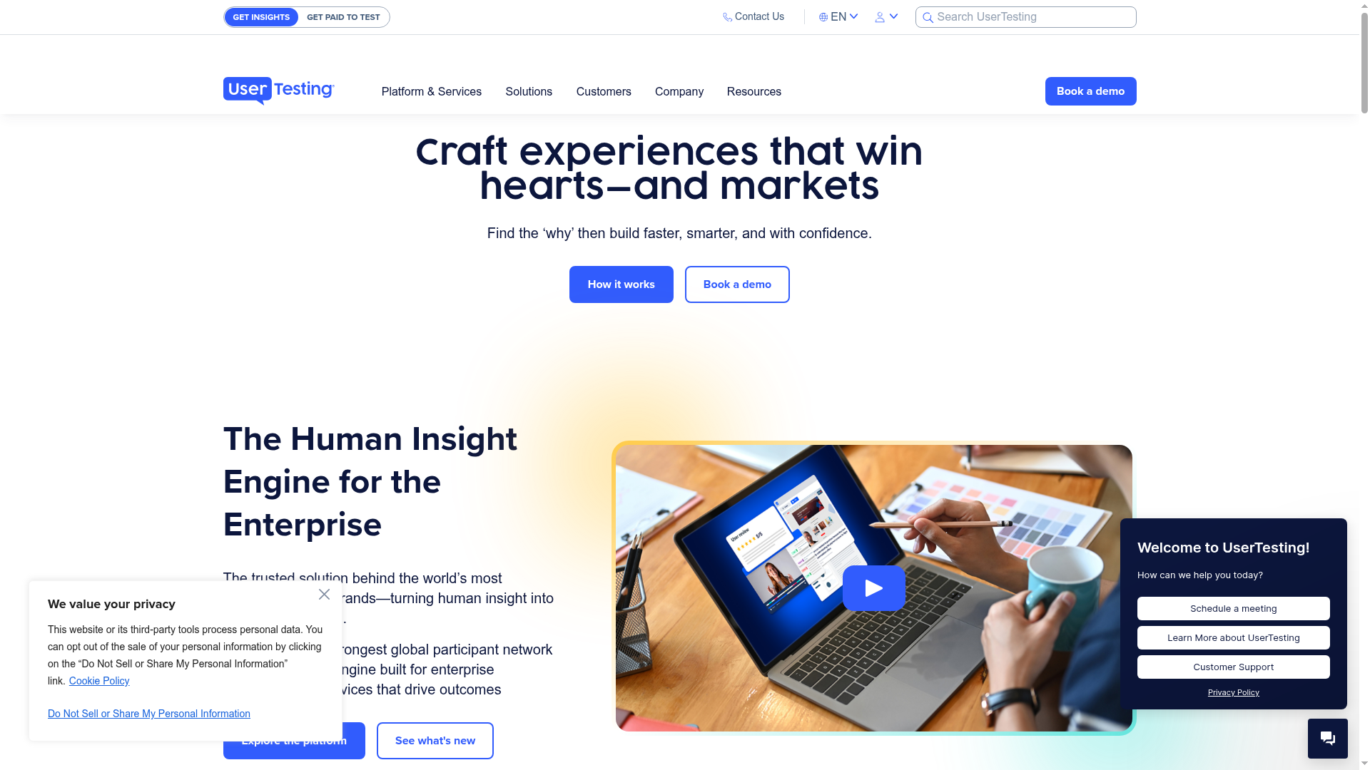 UserTesting homepage - video user testing tool