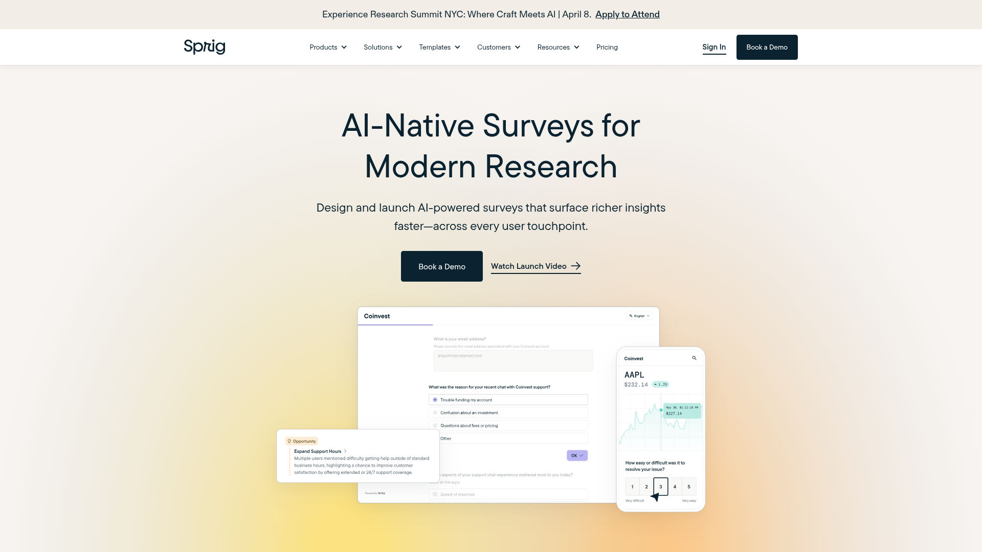 Sprig homepage - in-product survey tool