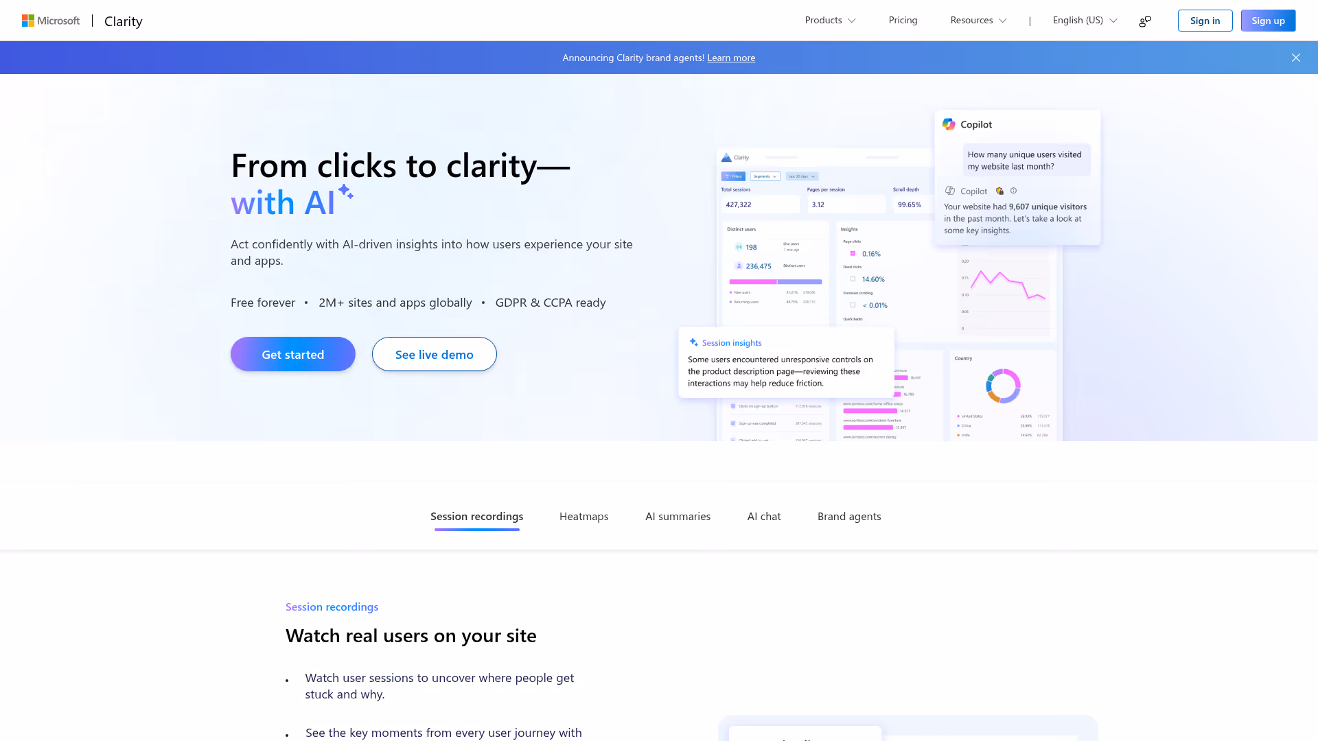 Microsoft Clarity homepage