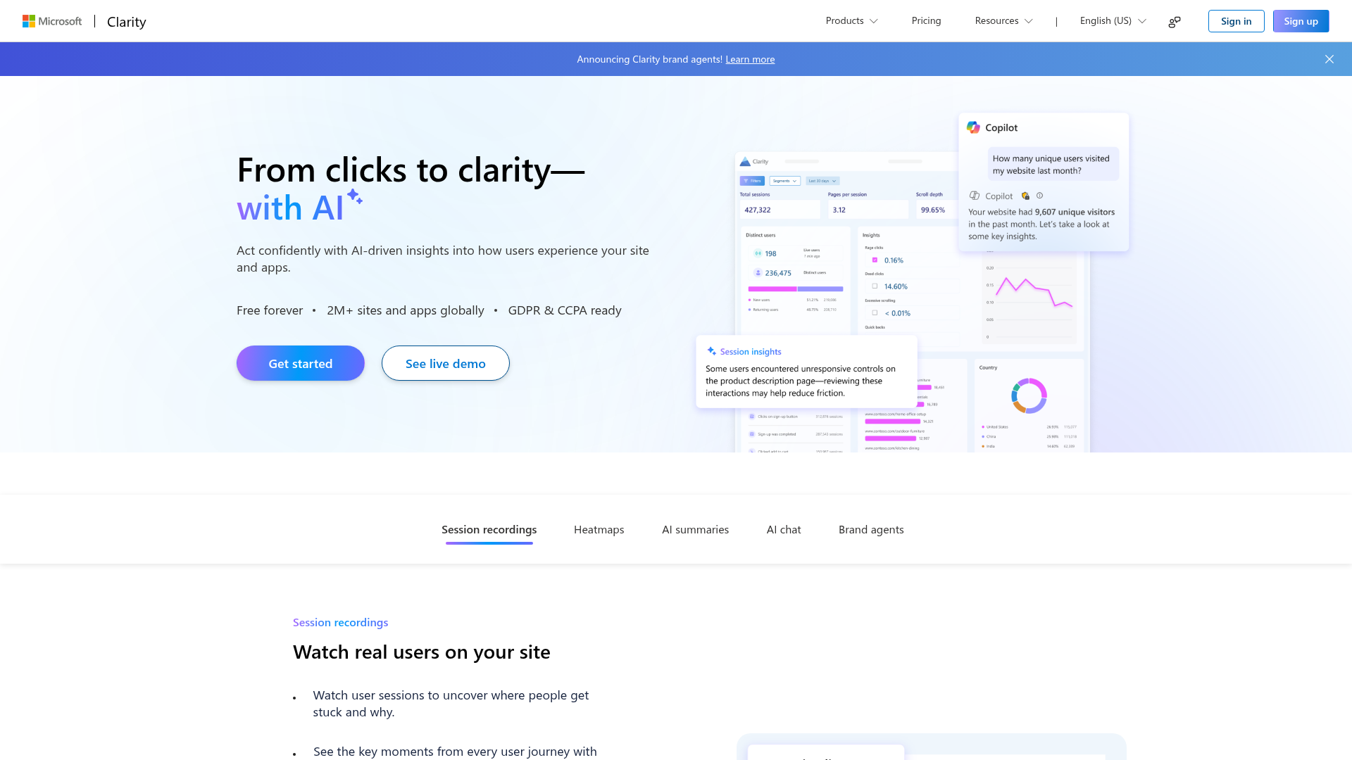 Microsoft Clarity homepage