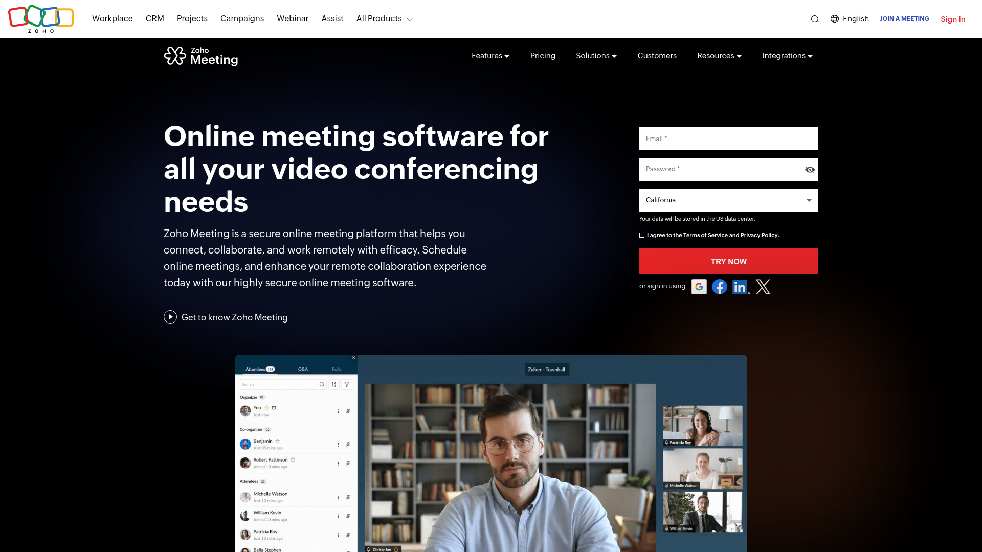 Zoho Meeting homepage