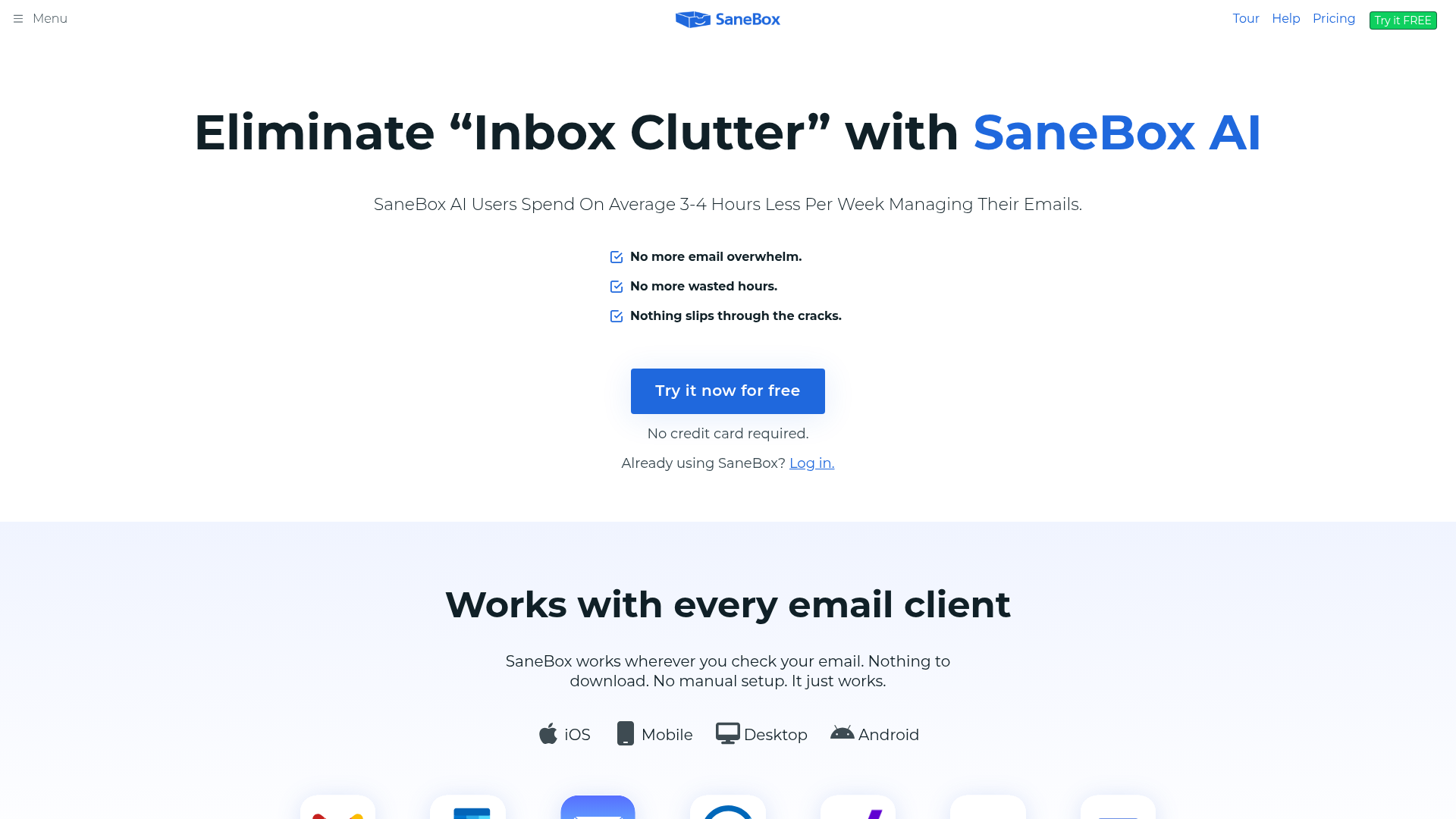 SaneBox homepage