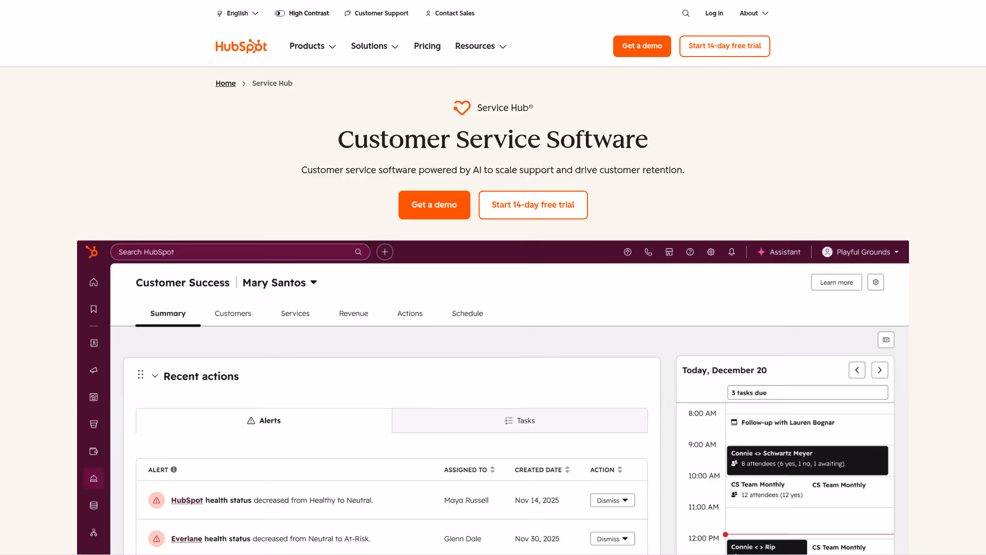 HubSpot Service Hub homepage