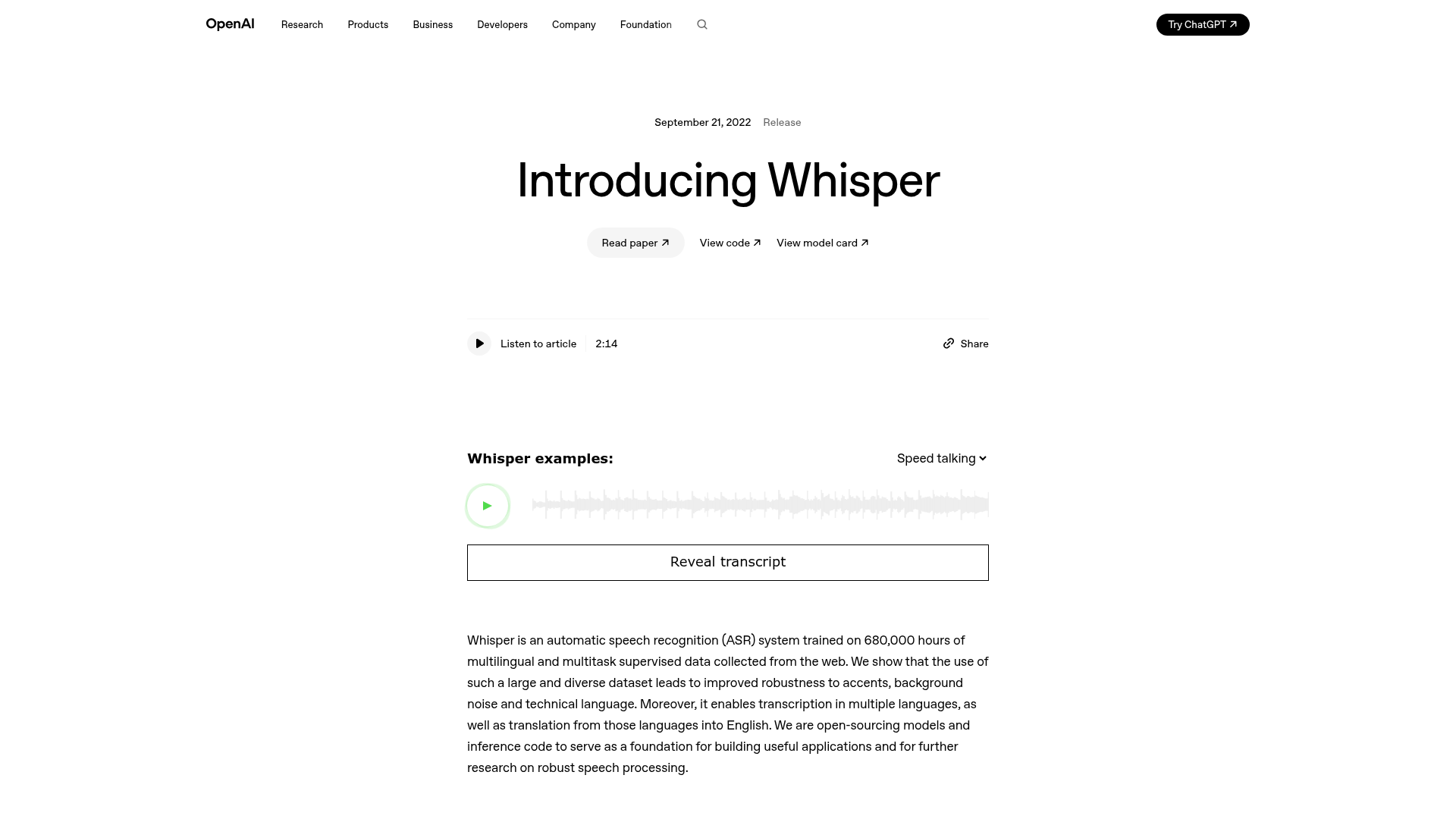 OpenAI Whisper homepage