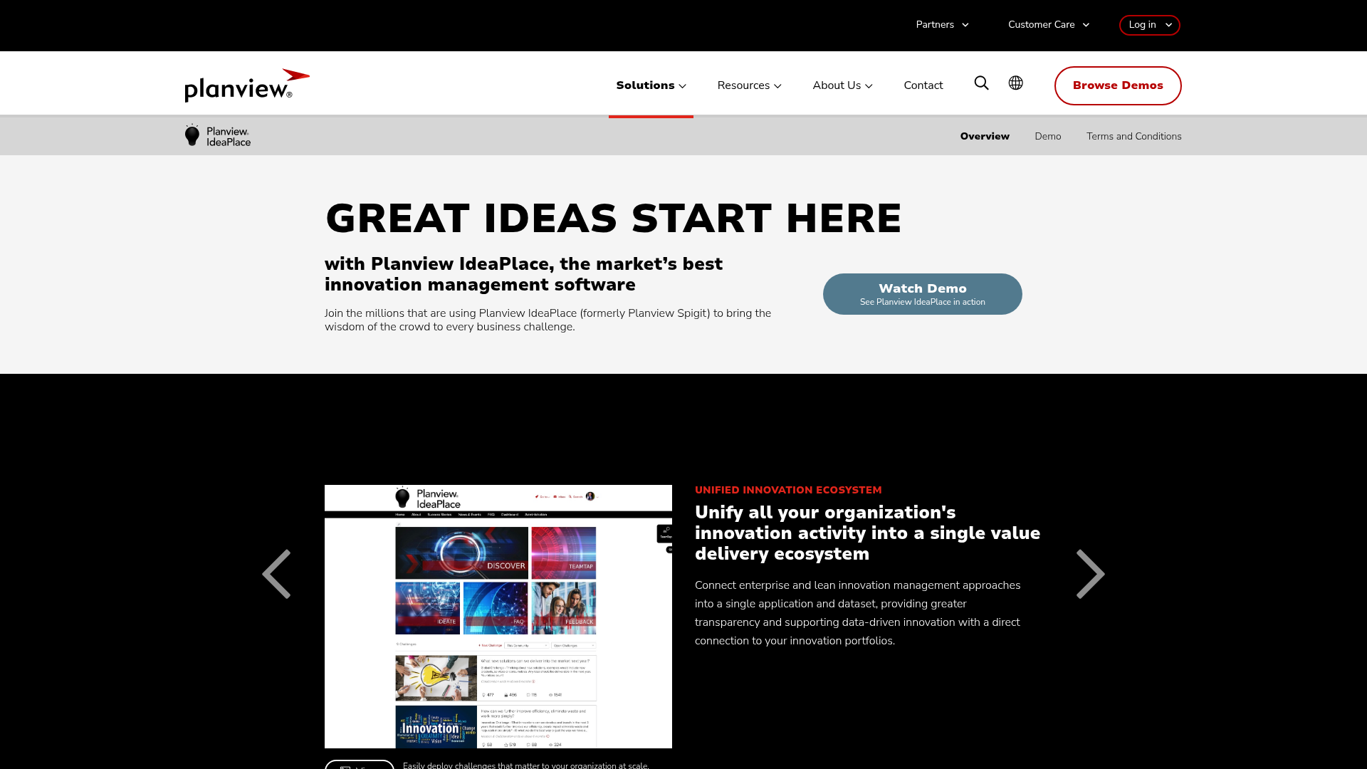 Planview IdeaPlace homepage