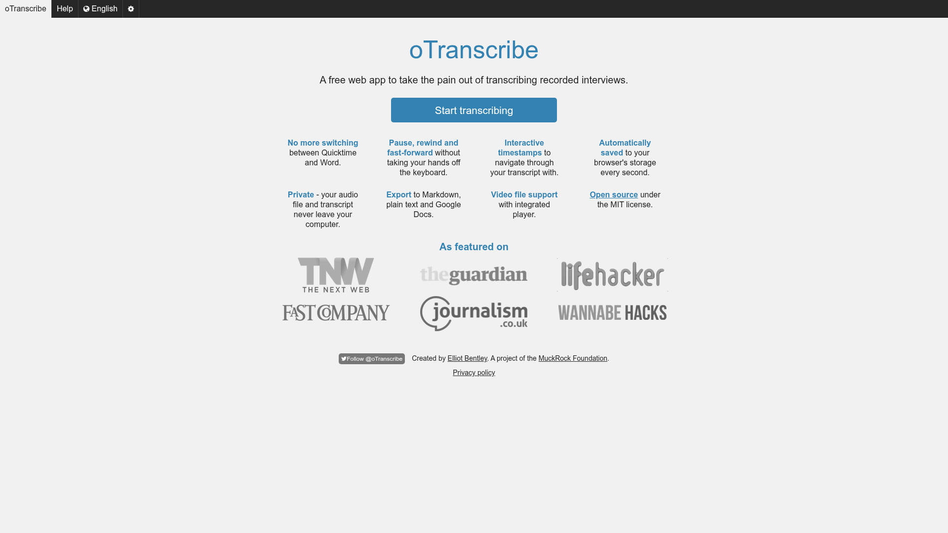 oTranscribe homepage