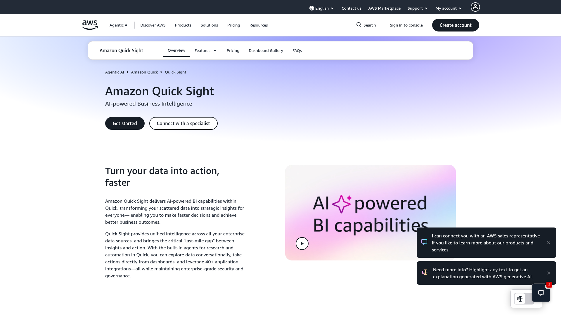 Amazon QuickSight homepage