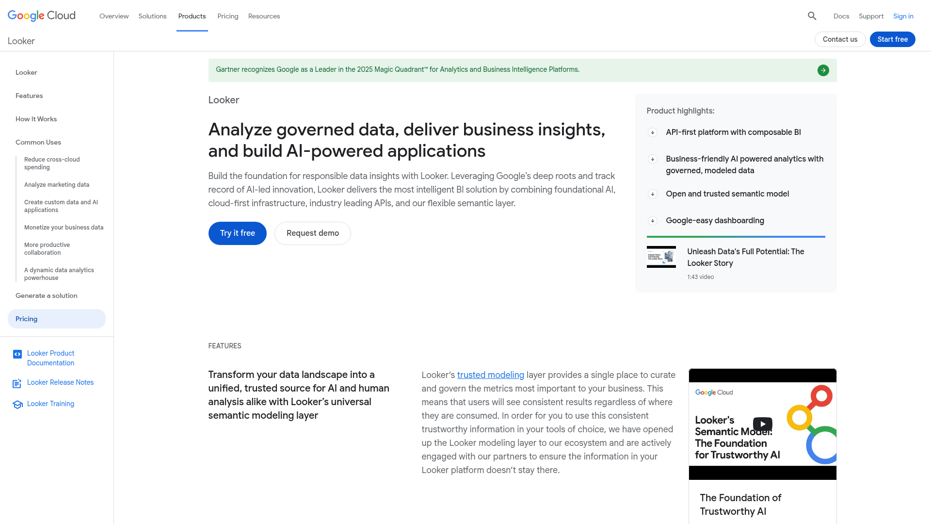 Looker (Google Cloud) homepage
