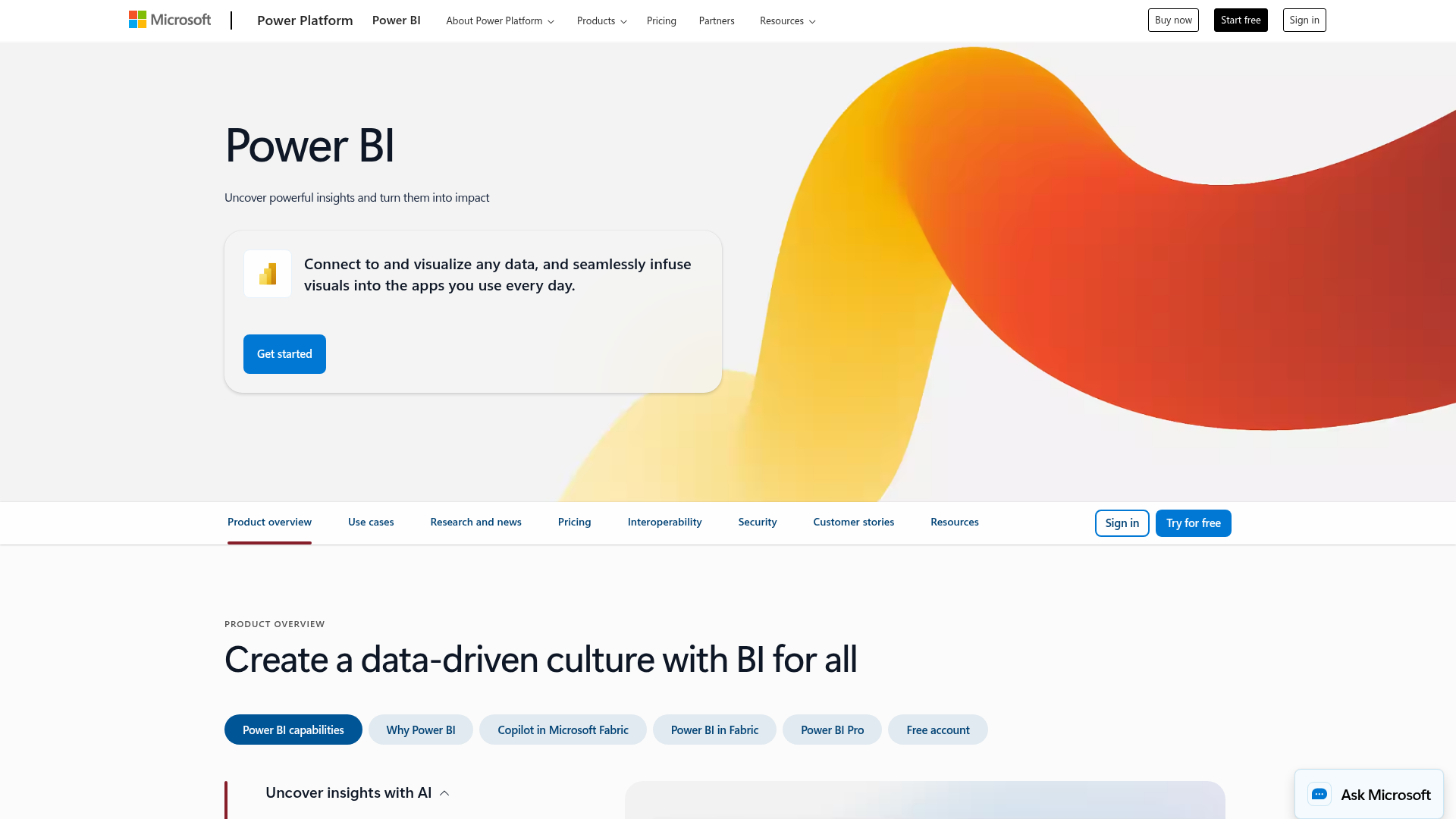 Microsoft Power BI homepage