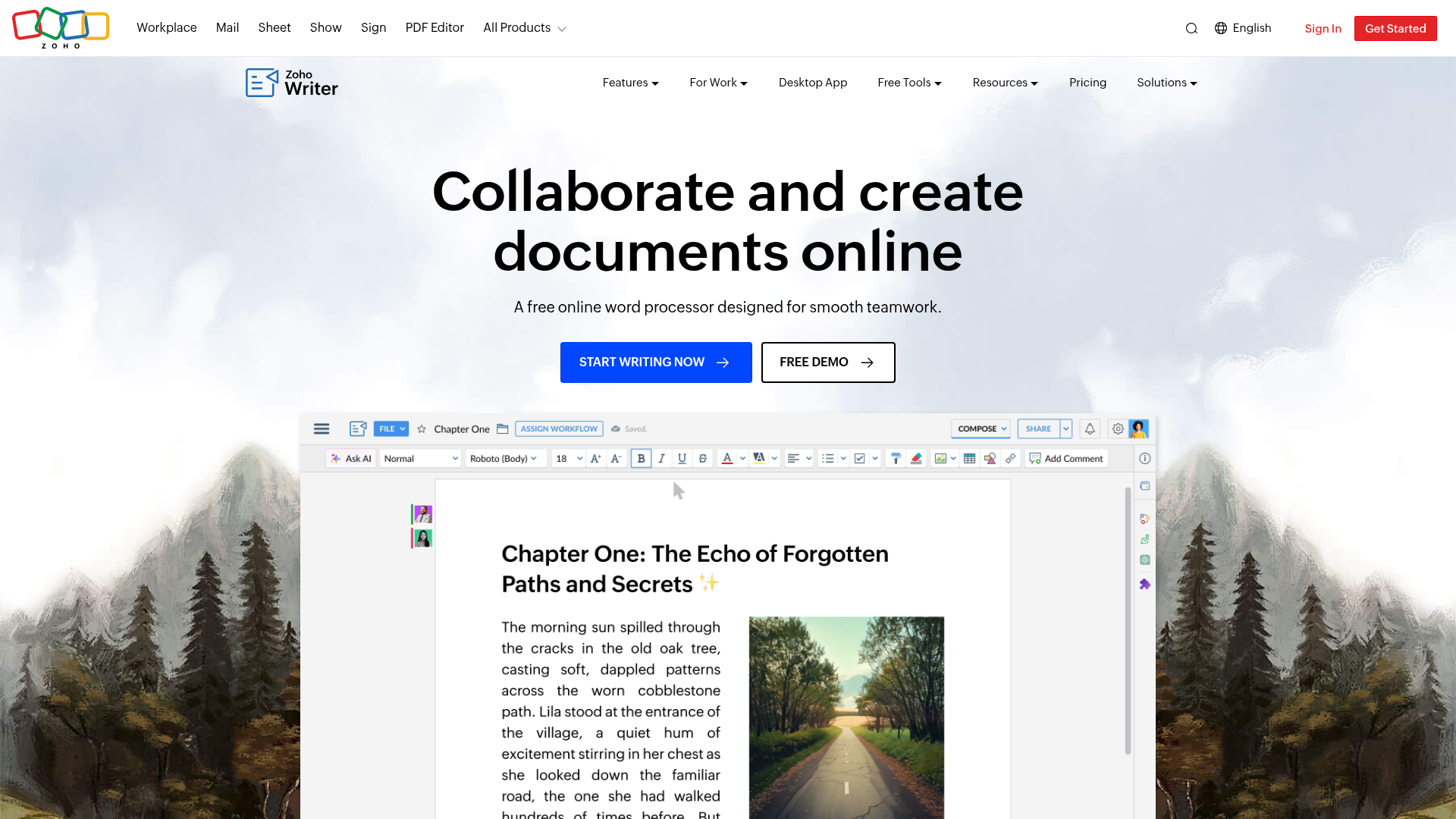 Zoho Writer homepage