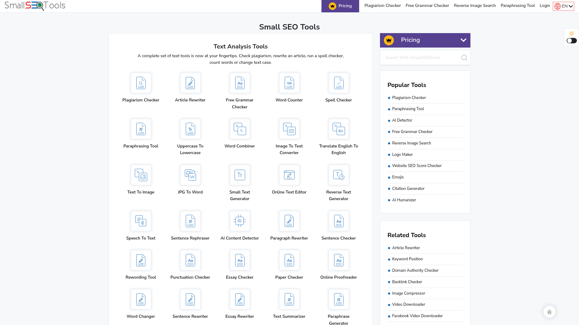 Small SEO Tools homepage