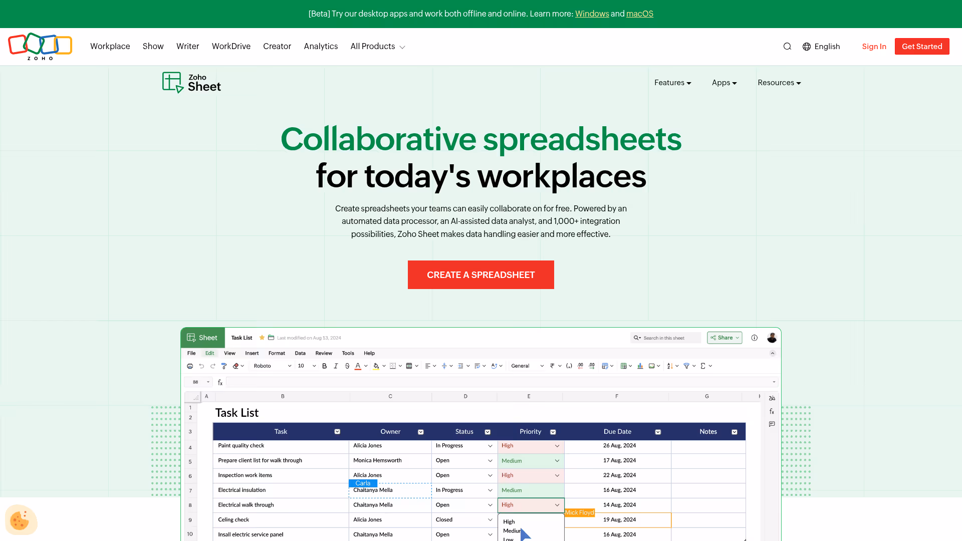 Zoho Sheet homepage
