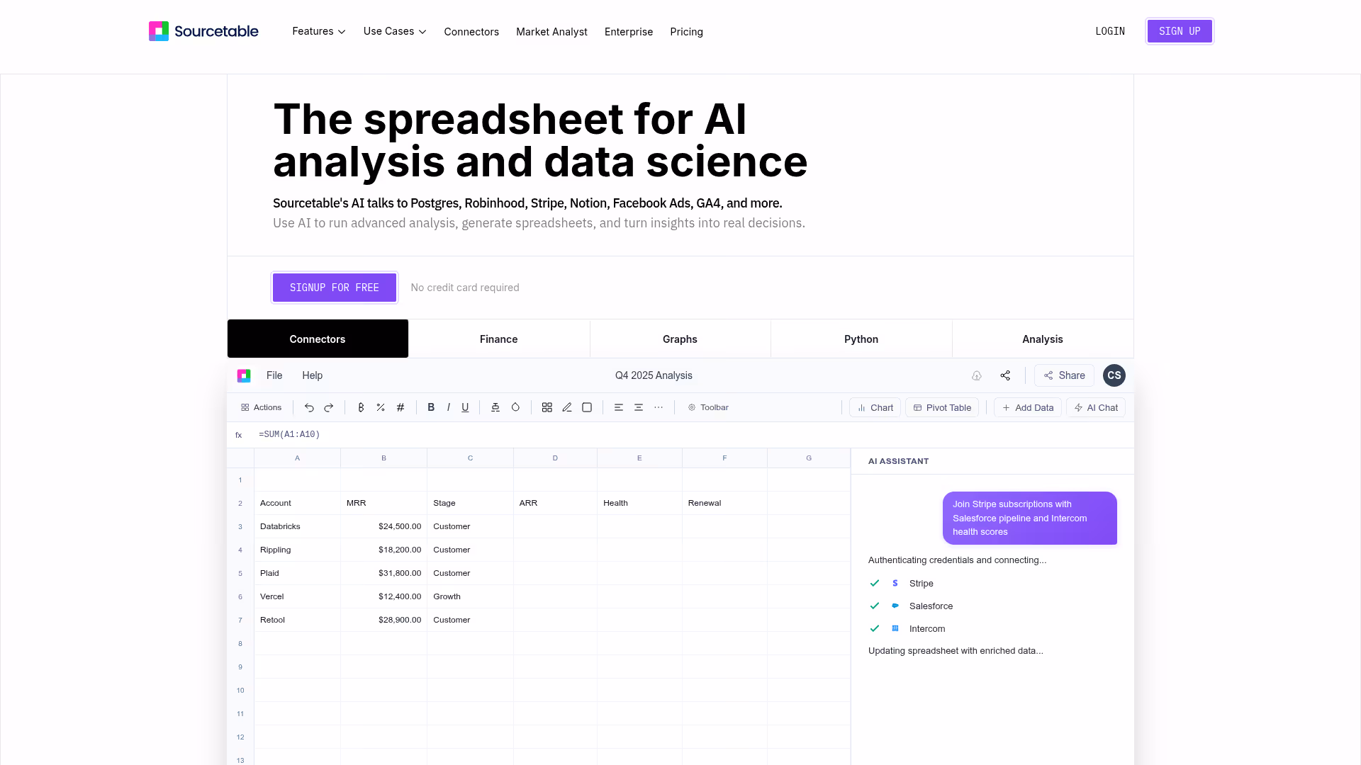 Sourcetable homepage