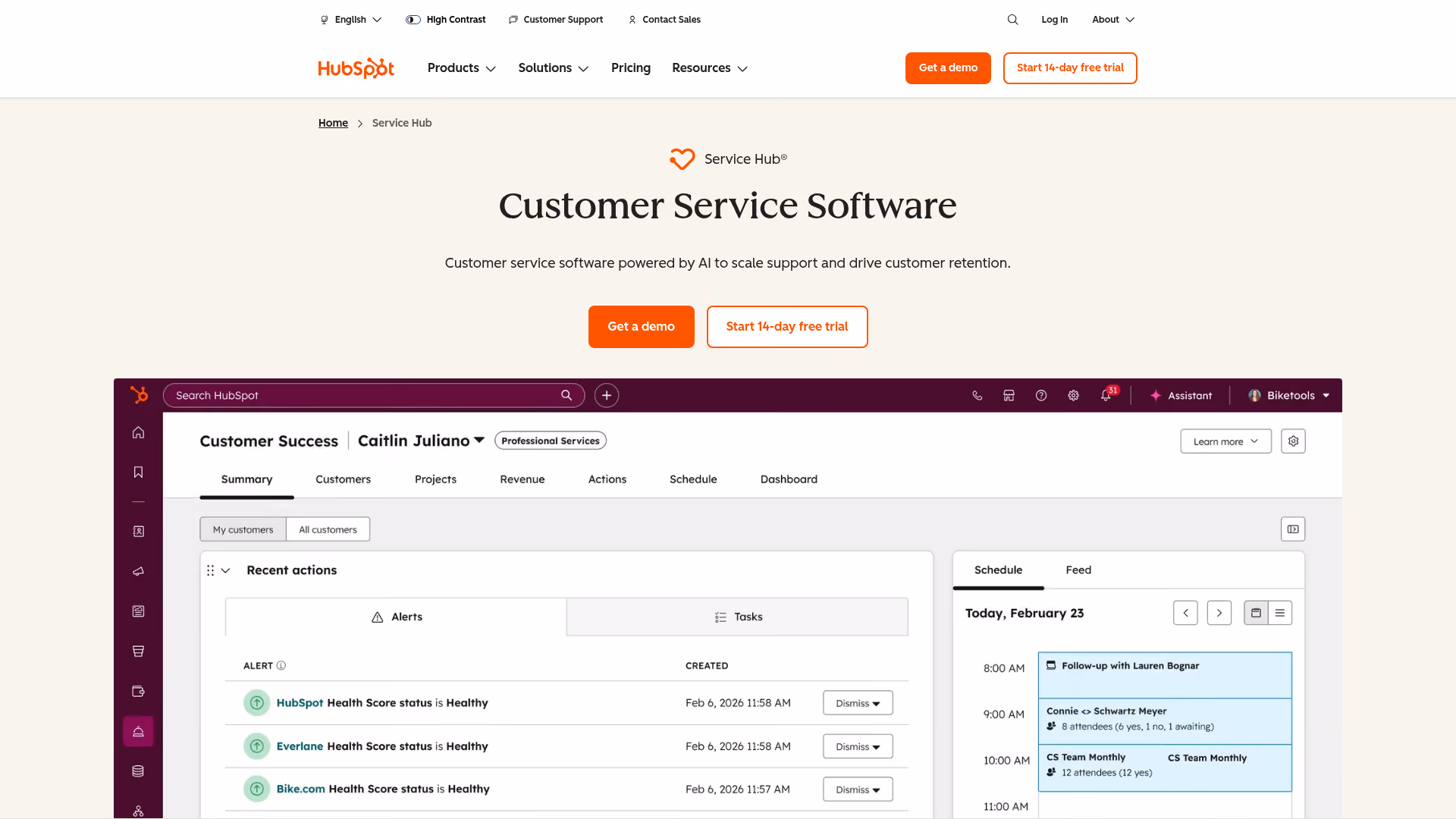 HubSpot Service Hub homepage