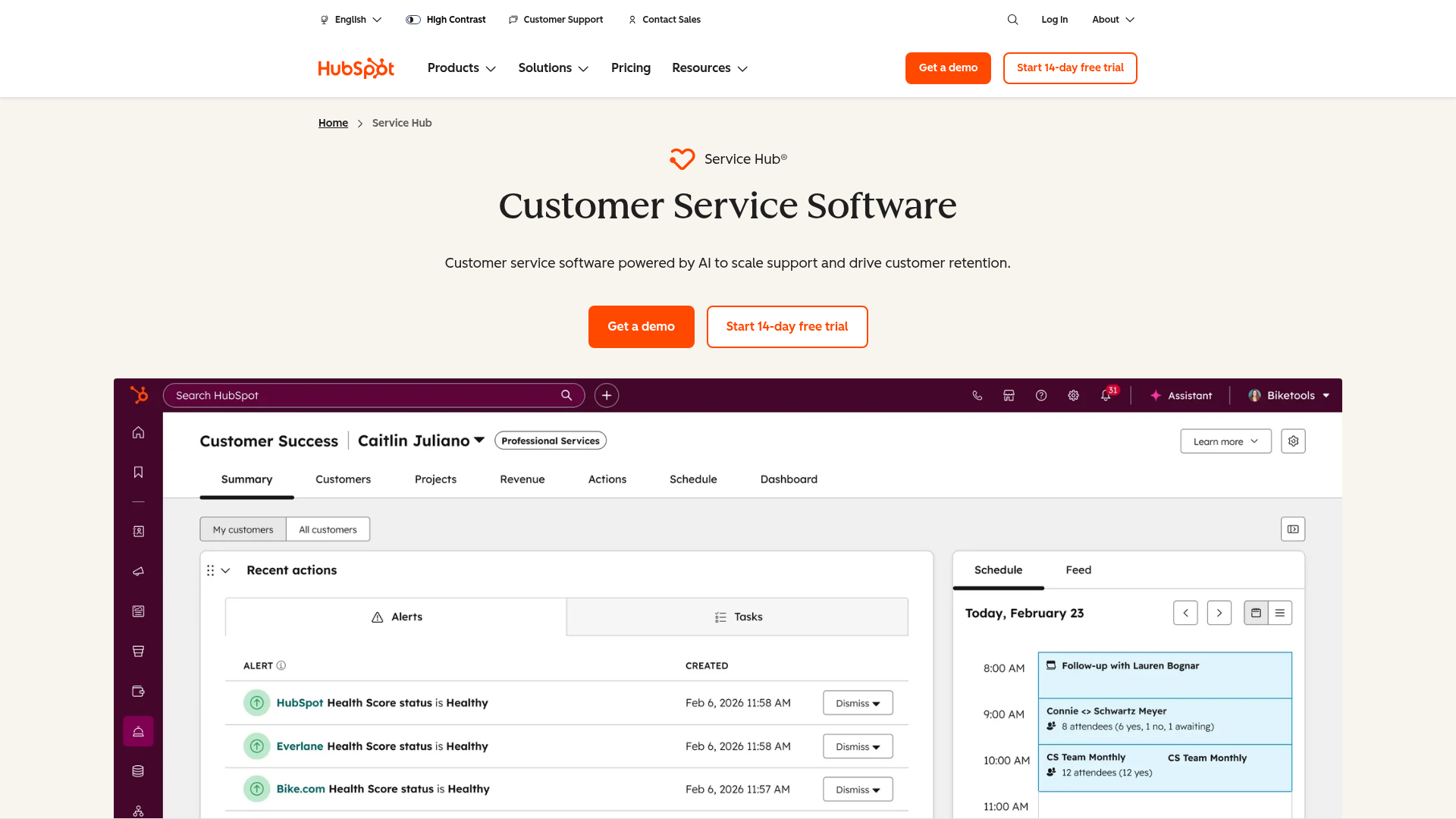 HubSpot Service Hub homepage
