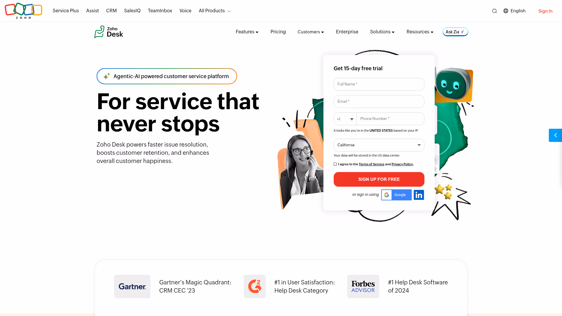 Zoho Desk homepage